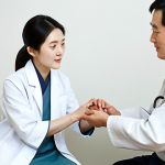 A wise and professional female Hanbang practitioner in traditional, modest attire, gently taking the pulse of a patient's wrist during a diagnostic consultation. The patient, fully clothed in comfortable, appropriate attire, sits across from her in a calm and serene Hanbang clinic, filled with natural light and subtle traditional Korean decor. The atmosphere is peaceful and focused, emphasizing holistic care. safe for work, appropriate content, fully clothed, professional, perfect anatomy, correct proportions, natural pose, well-formed hands, proper finger count, natural body proportions, professional photography, high quality, detailed.