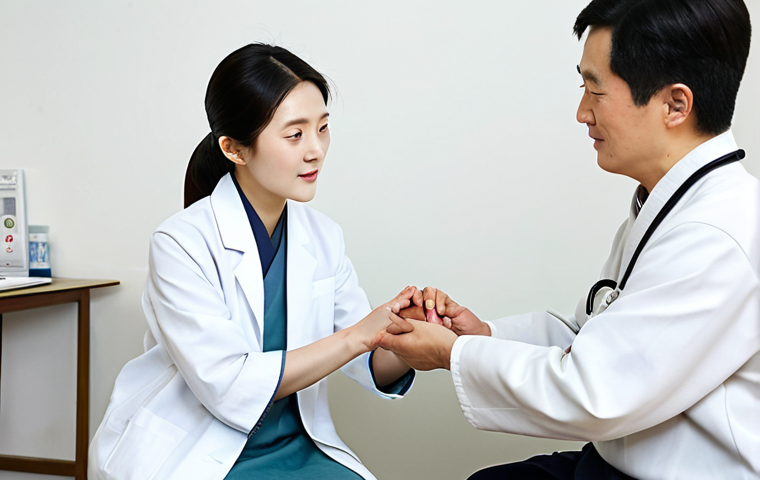 A wise and professional female Hanbang practitioner in traditional, modest attire, gently taking the pulse of a patient's wrist during a diagnostic consultation. The patient, fully clothed in comfortable, appropriate attire, sits across from her in a calm and serene Hanbang clinic, filled with natural light and subtle traditional Korean decor. The atmosphere is peaceful and focused, emphasizing holistic care. safe for work, appropriate content, fully clothed, professional, perfect anatomy, correct proportions, natural pose, well-formed hands, proper finger count, natural body proportions, professional photography, high quality, detailed.