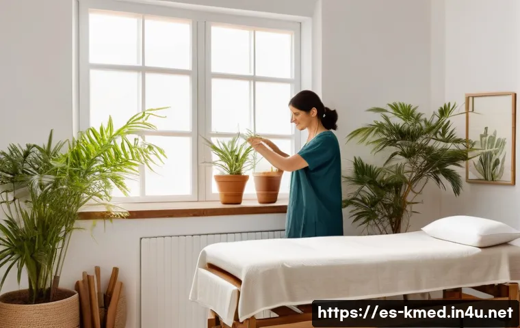 한의사와 한방 병원 운영 - A serene holistic therapy clinic interior in Spain, featuring warm natural light streaming through l...