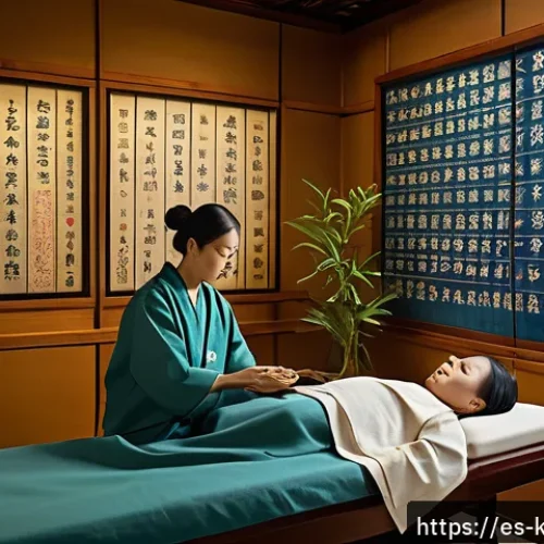 Home 32 한의사 경력 개발 성공 사례 - A serene clinical setting where a traditional medicine practitioner, dressed professionally and wear...