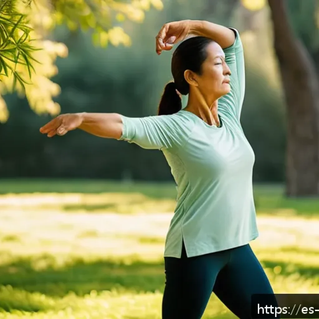 한의학 이론 핵심 요약 - A serene scene depicting a middle-aged Hispanic woman practicing gentle Qi Gong exercises in a sunli...