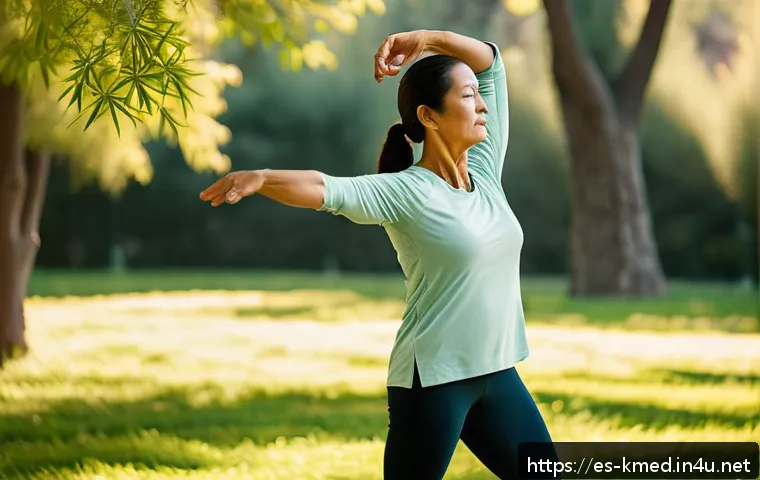 한의학 이론 핵심 요약 - A serene scene depicting a middle-aged Hispanic woman practicing gentle Qi Gong exercises in a sunli...
