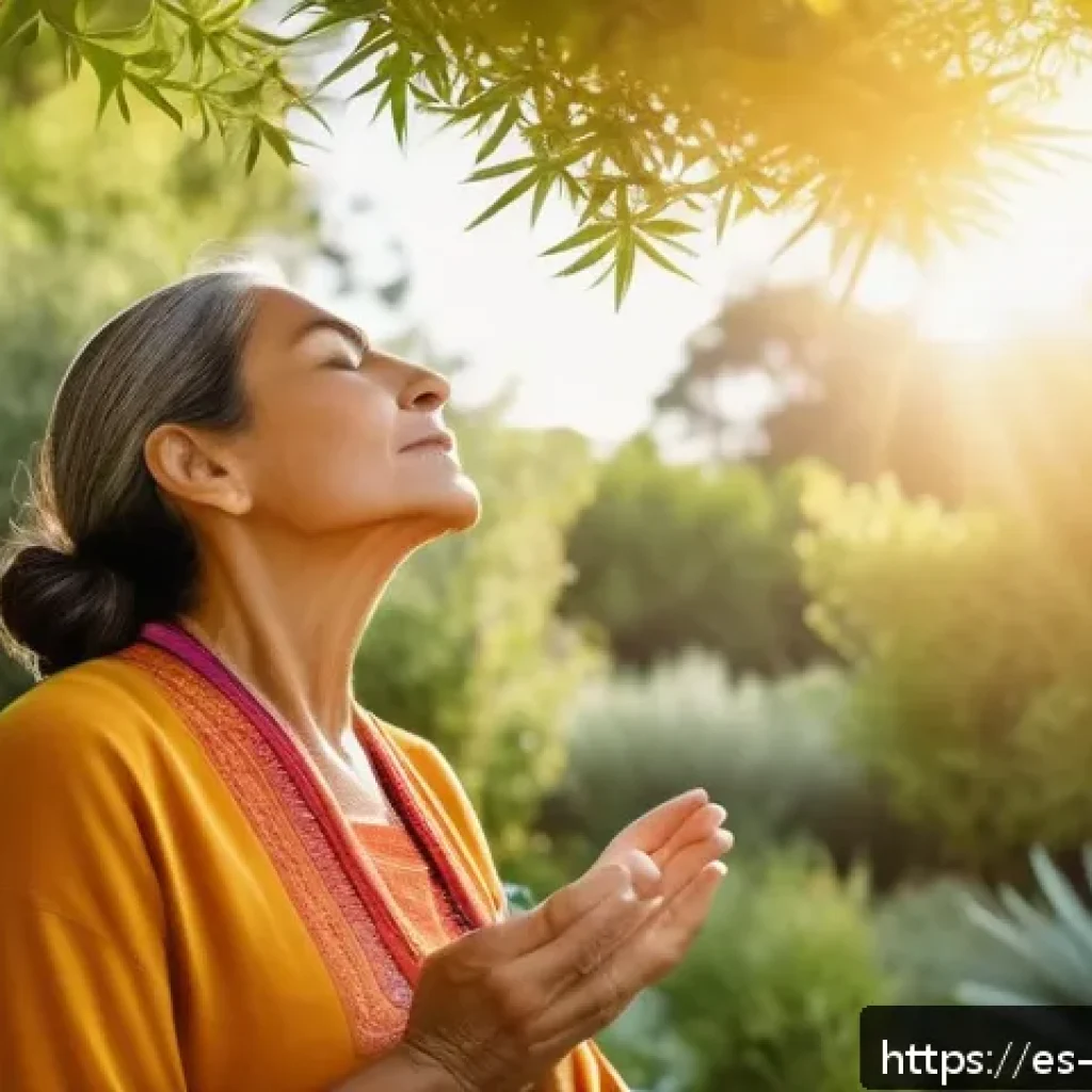 한의학과 심리 치료 - A serene and harmonious wellness scene featuring a middle-aged Hispanic woman practicing mindful bre...