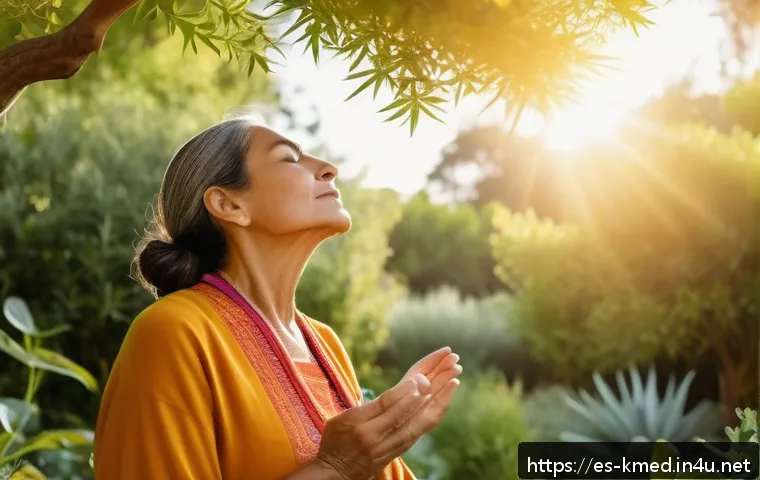 한의학과 심리 치료 - A serene and harmonious wellness scene featuring a middle-aged Hispanic woman practicing mindful bre...