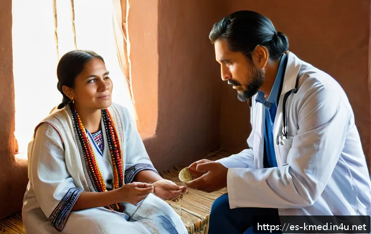 한의사로서의 실습 도전 - A respectful and warm clinical consultation scene between a modern doctor and an indigenous patient ...